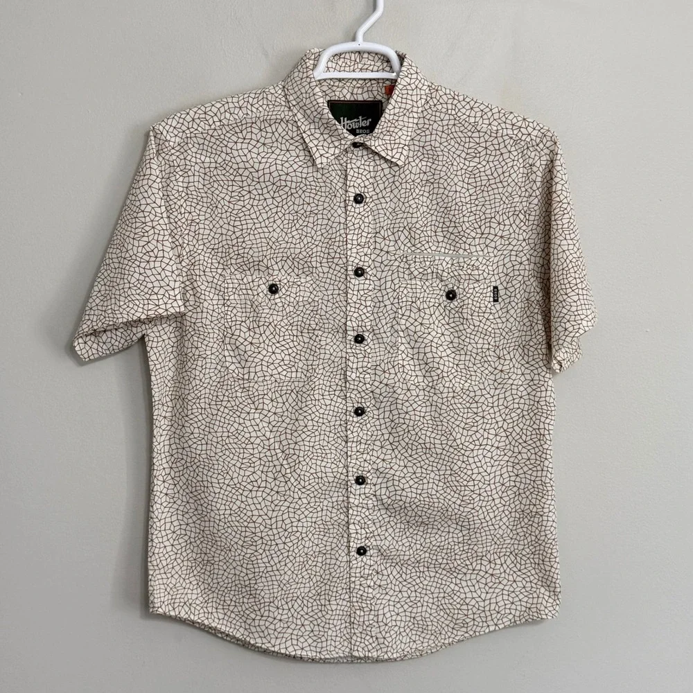 Howler Bros Mens Medium White Brown Geometric Short Sleeve Button Up Shirt